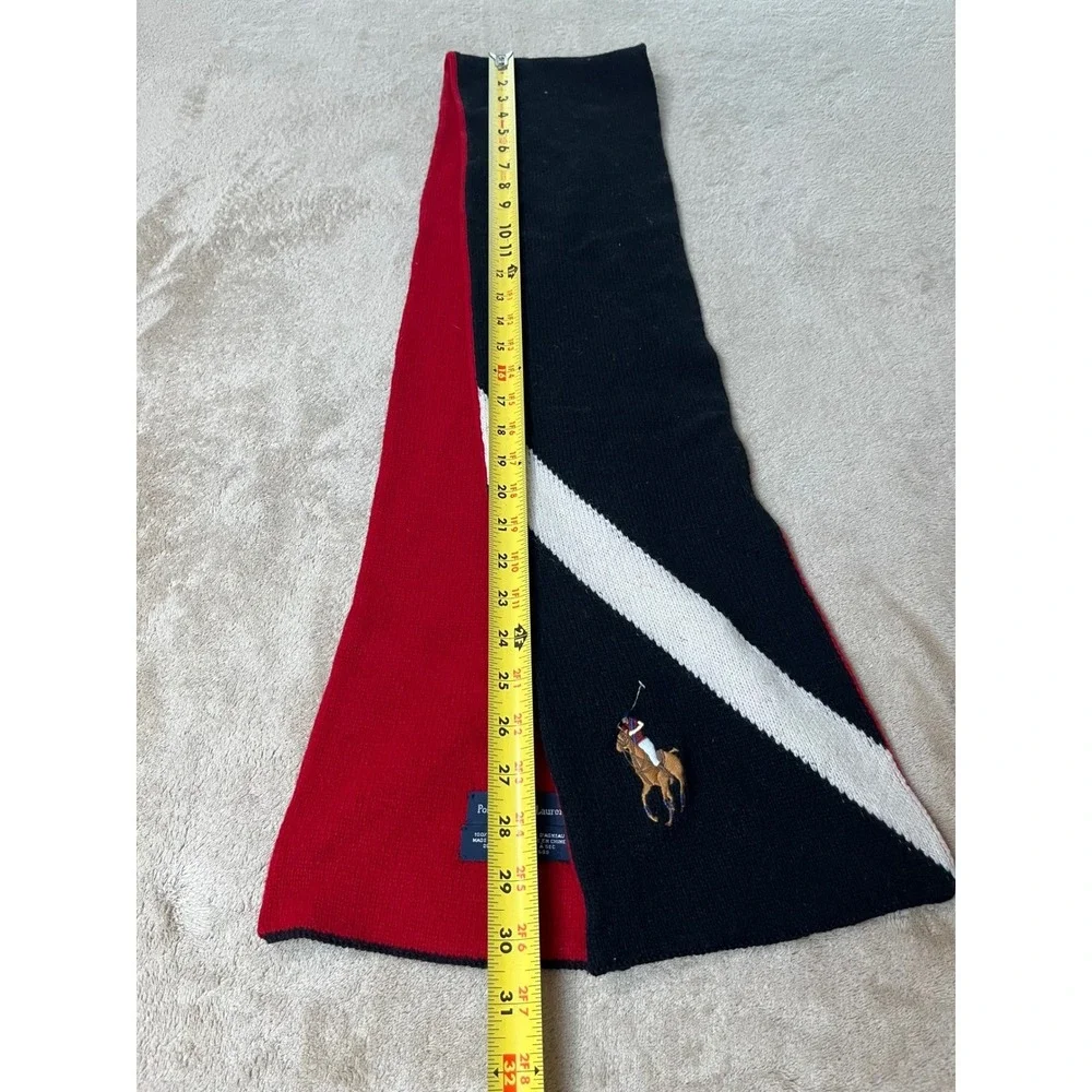 Polo Ralph Lauren Scarf Black Red Cream Lambswool Reversible Pony